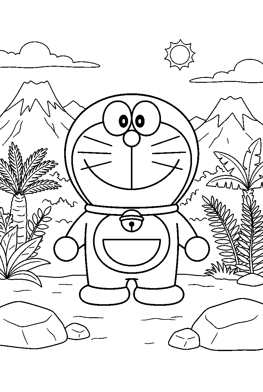 doraemon in prehistoric valley line art
