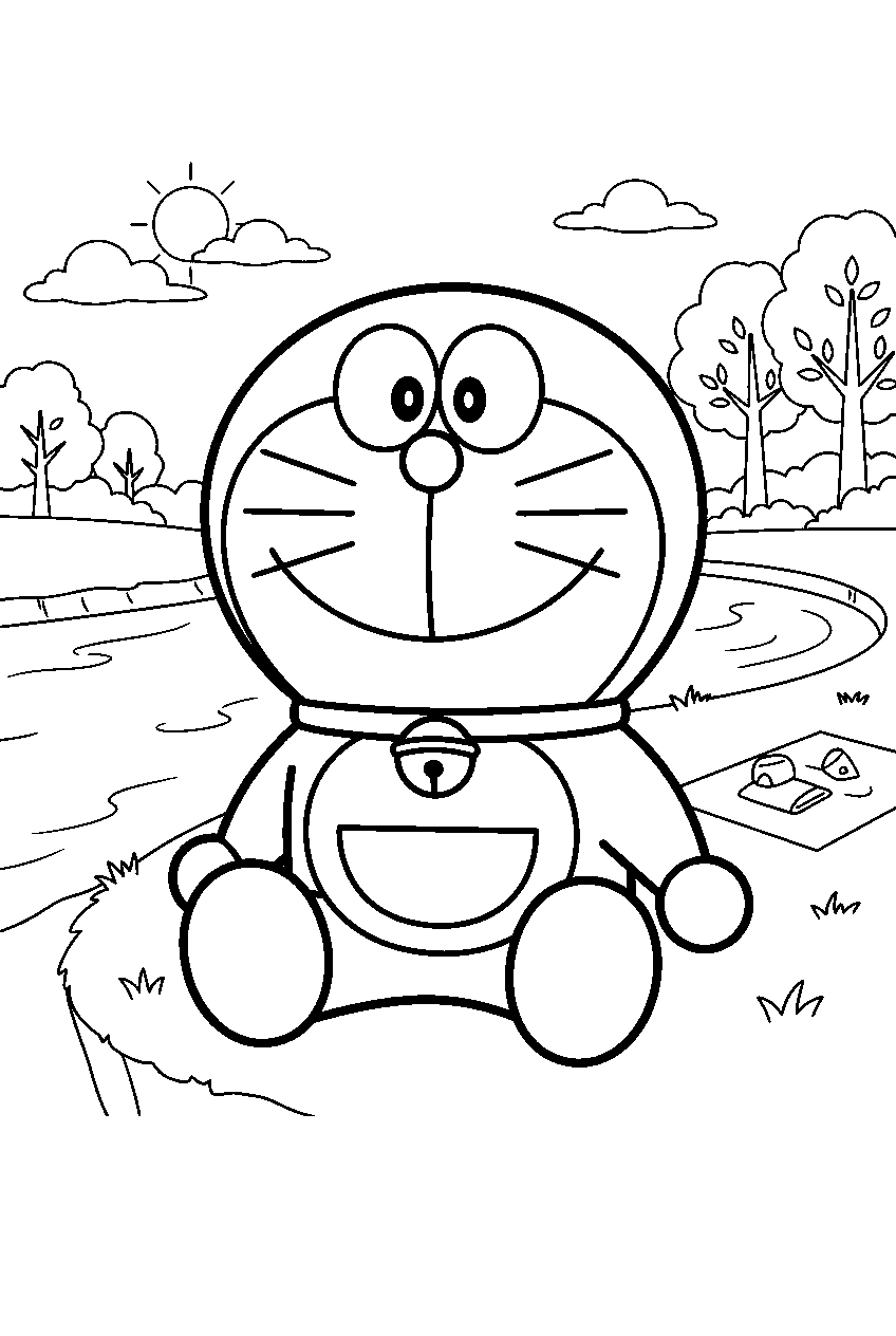 doraemon in riverside park line art