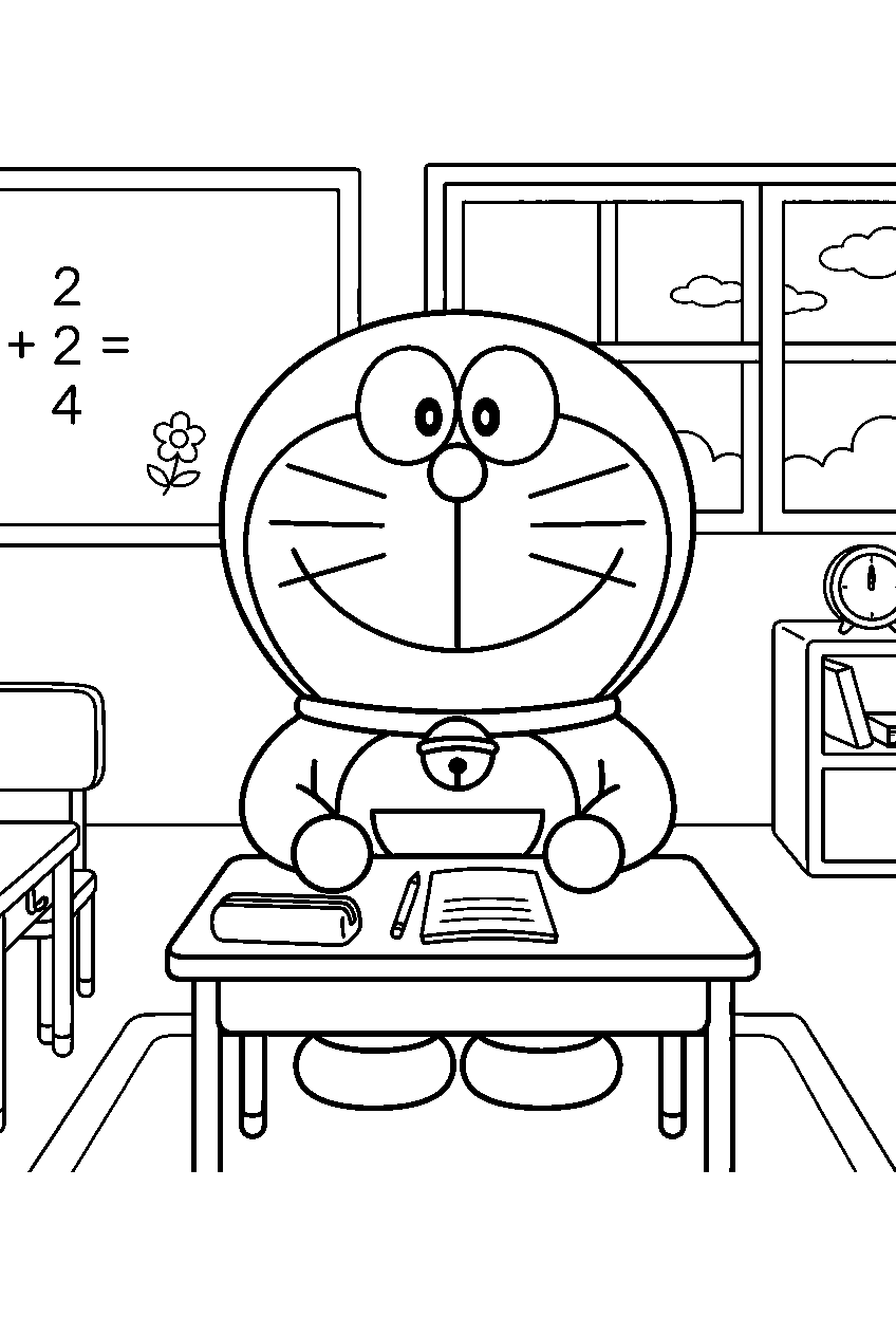 doraemon in school classroom line art