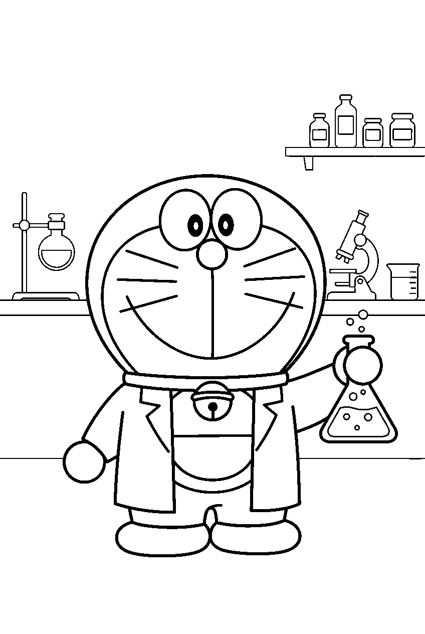 doraemon in science laboratory line art