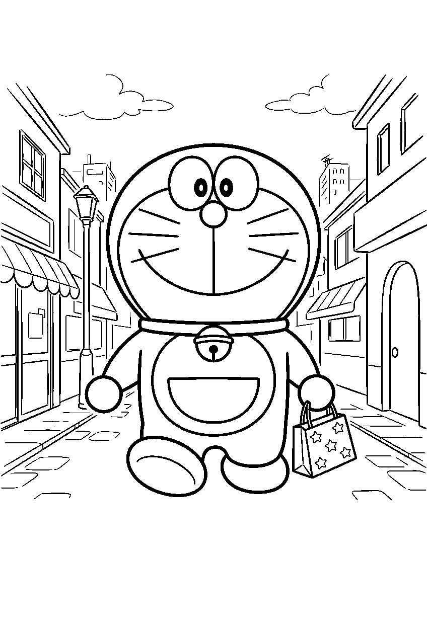 doraemon in shopping street line art