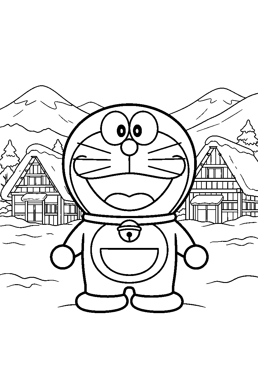 doraemon in snowy mountain village line art