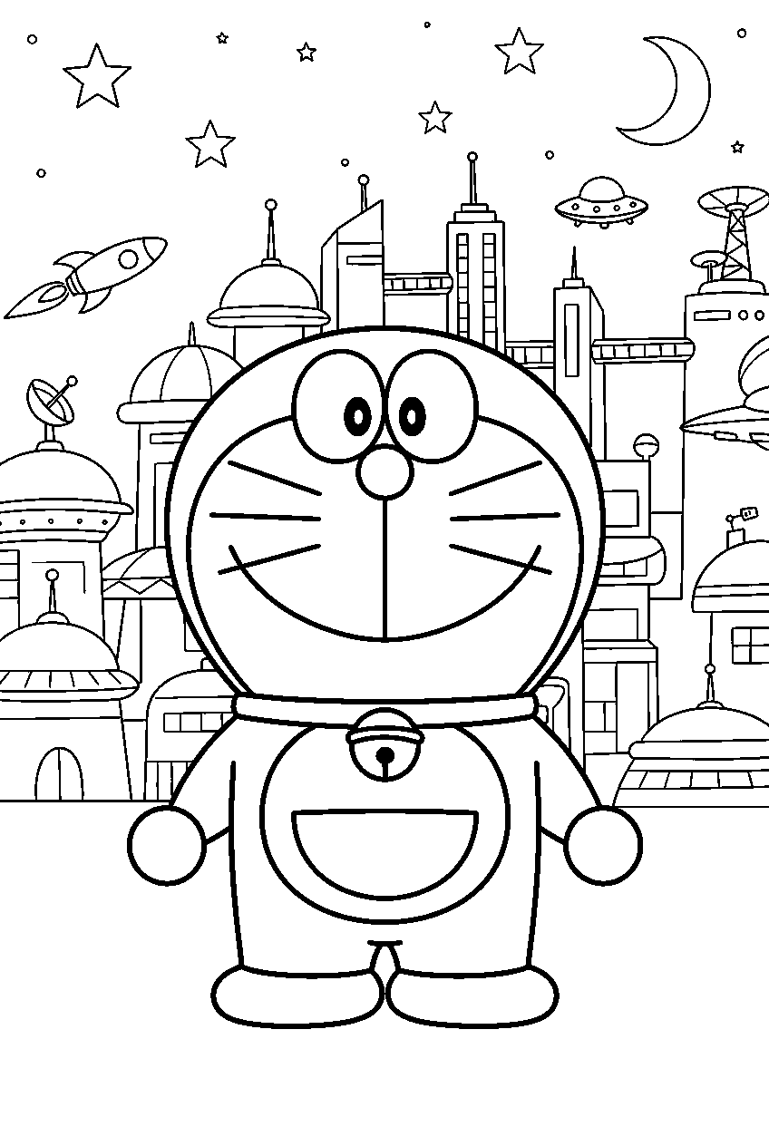 doraemon in space city line art