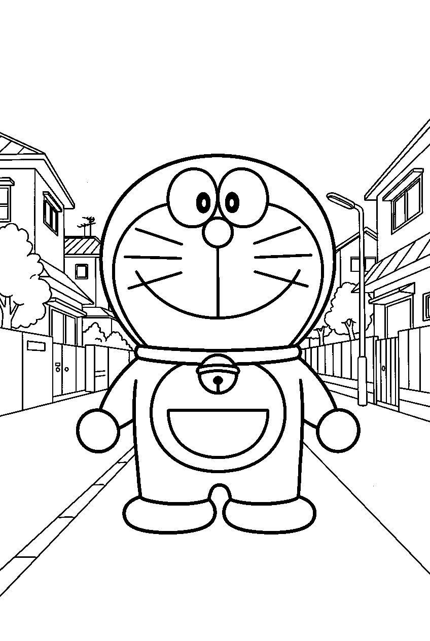 doraemon in town neighborhood line art