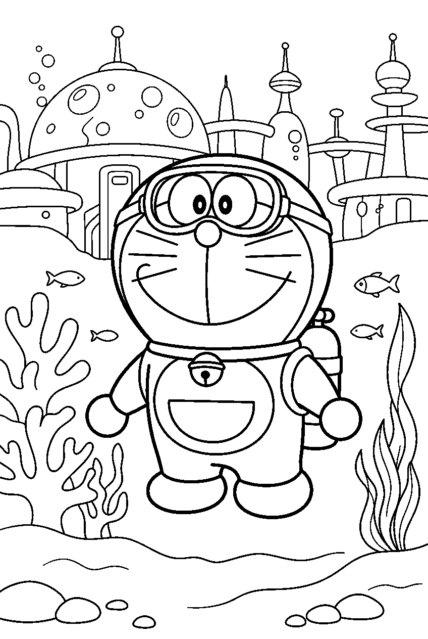 doraemon in underwater city line art