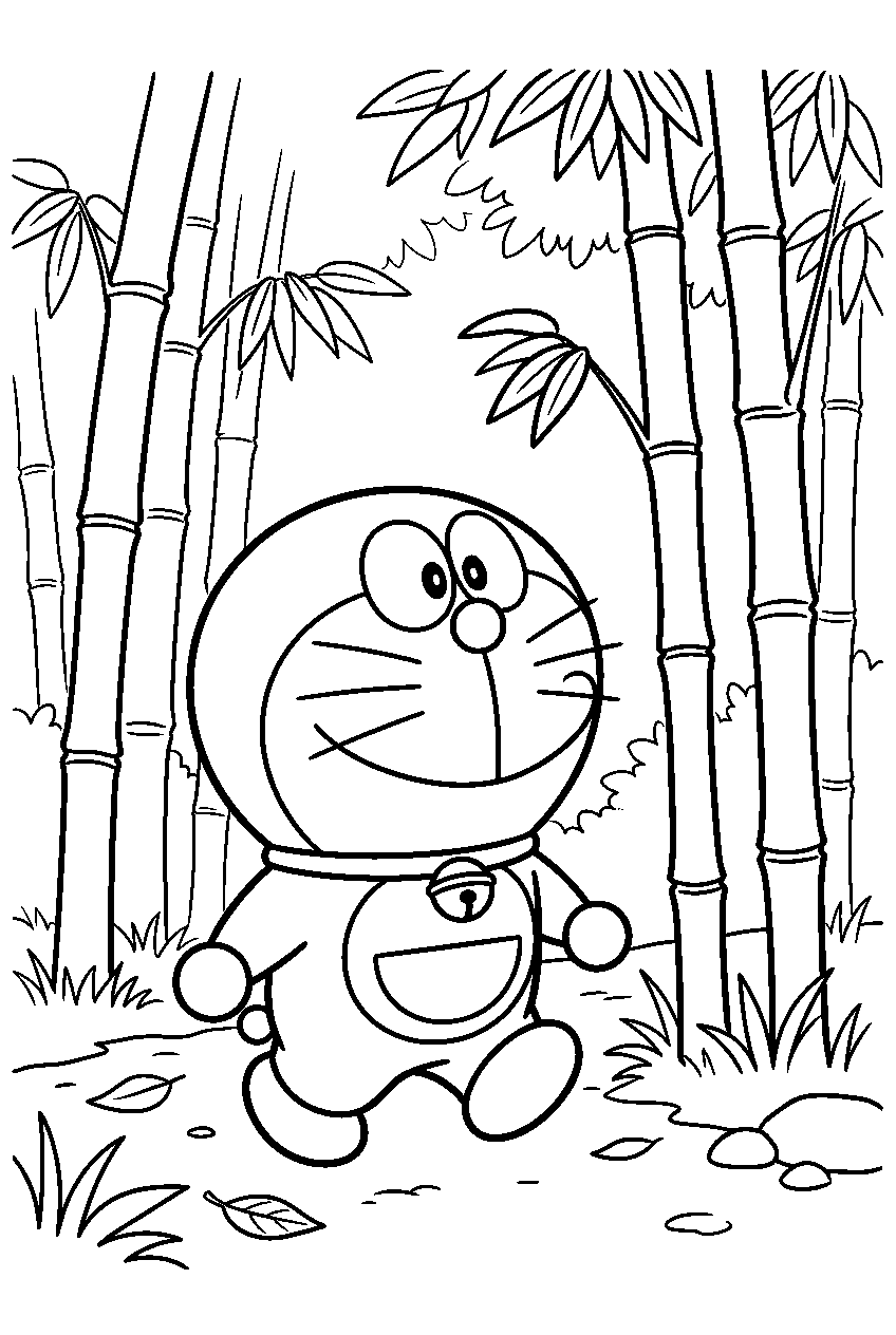 doraemon looking around in bamboo grove line art