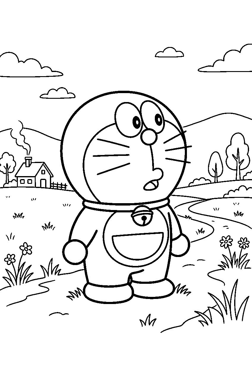 doraemon looking around in countryside field line art