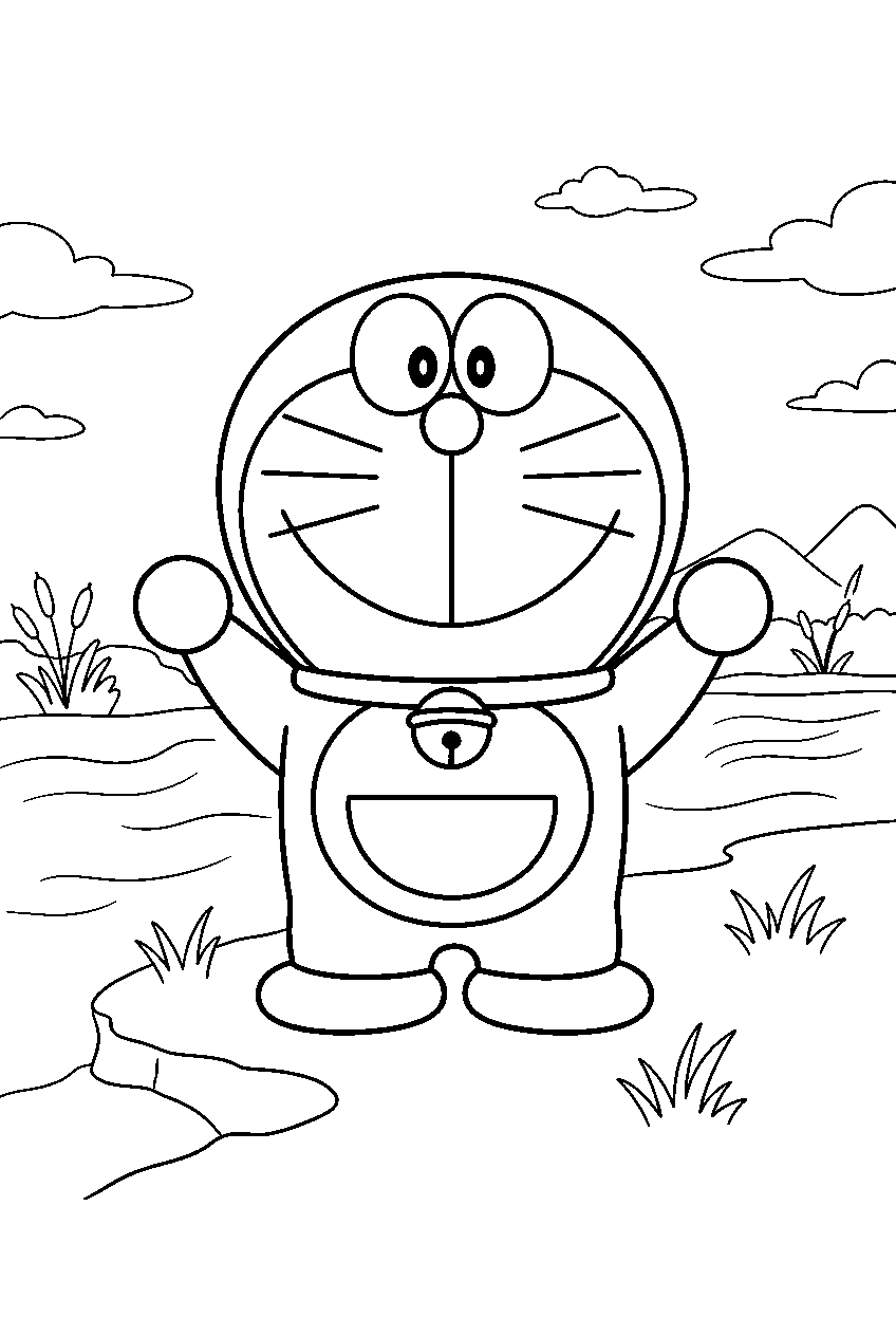 doraemon on riverbank line art