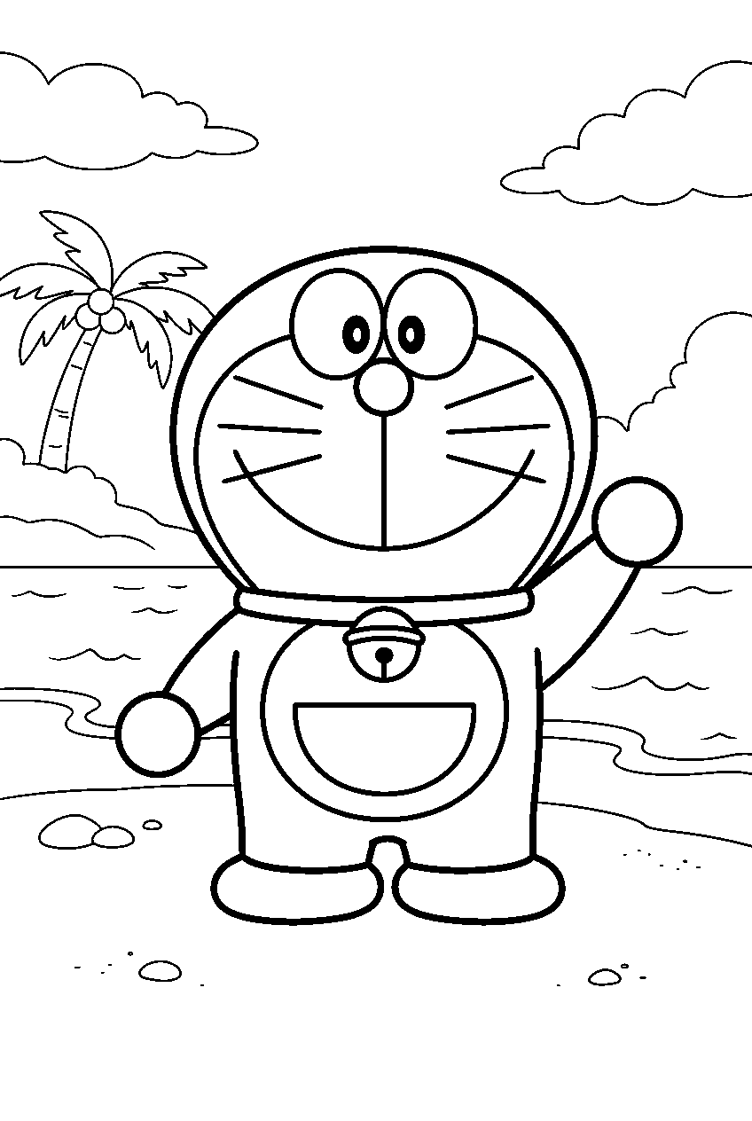 doraemon on tropical island line art