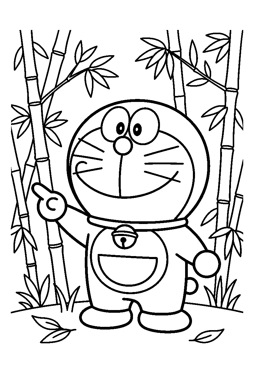 doraemon pointing in bamboo grove line art