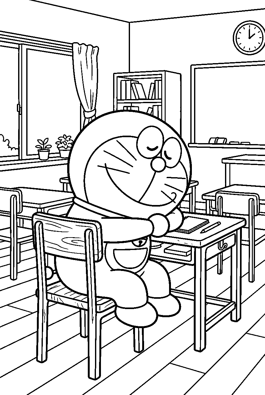 doraemon resting in classroom line art