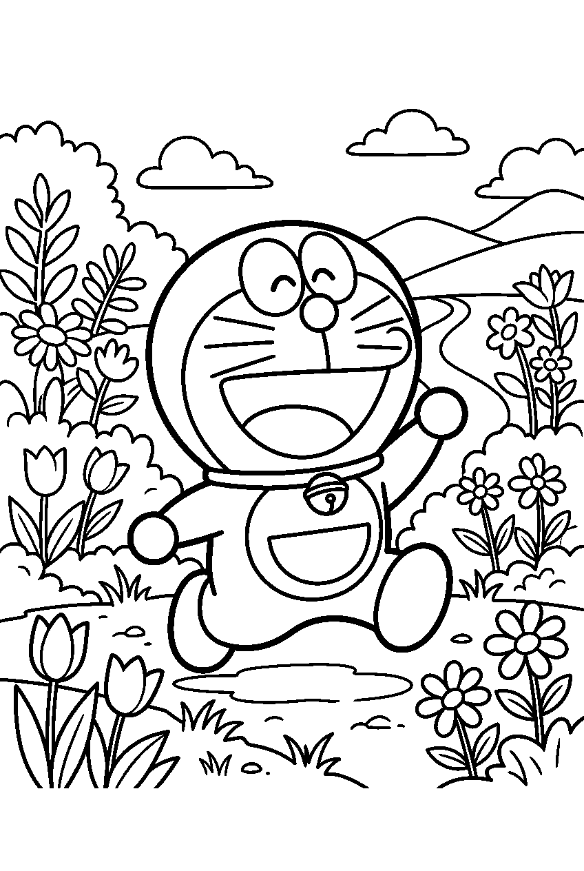 doraemon running in flower garden line art