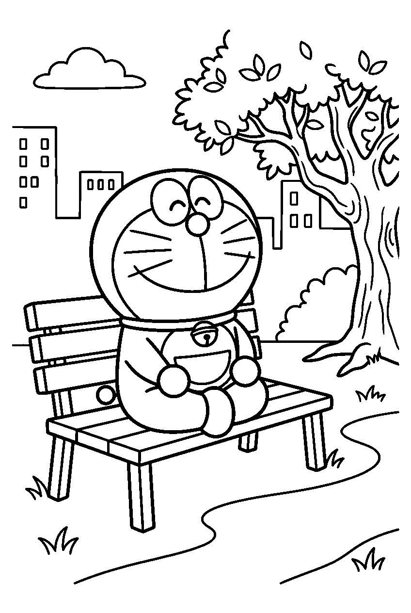 doraemon sitting in city park line art