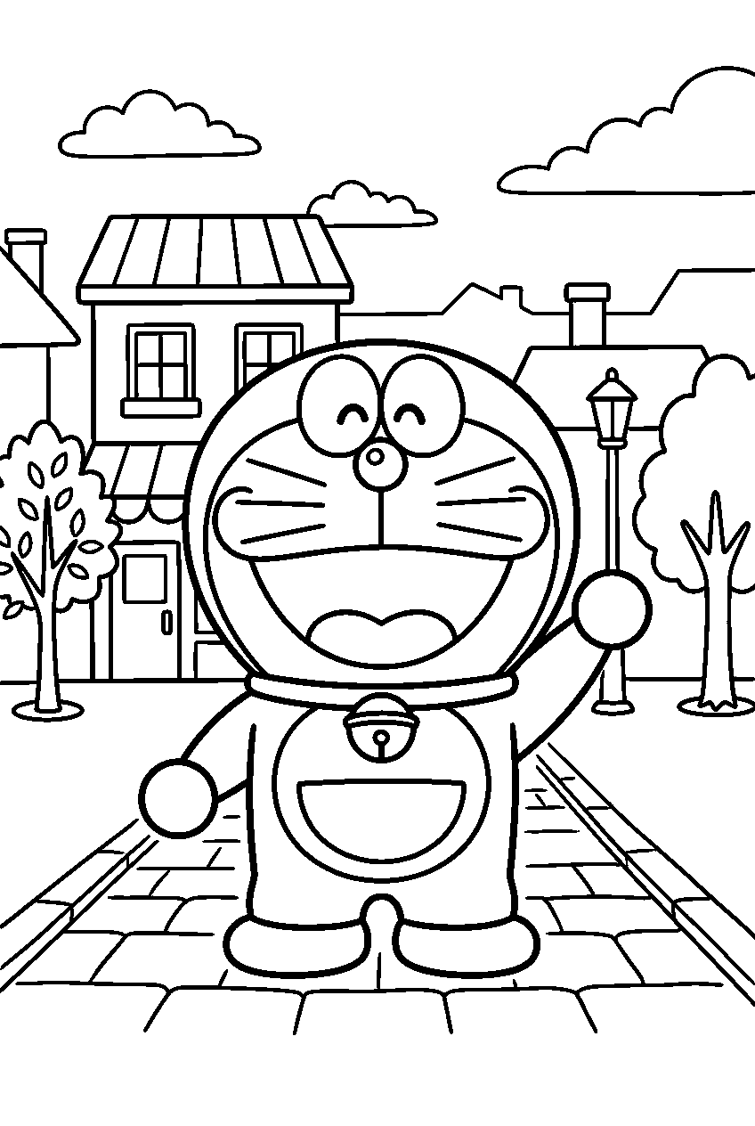 doraemon smiling in town square line art
