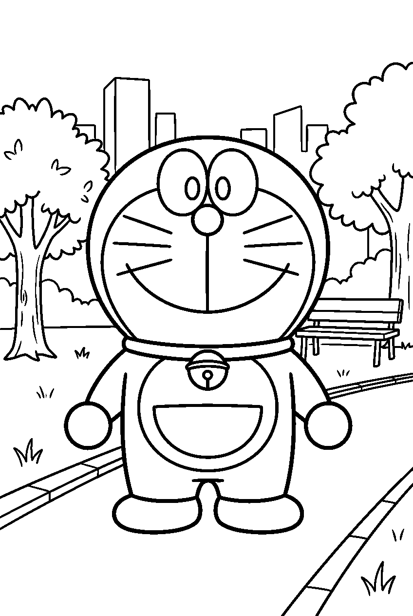 doraemon standing calmly in city park line art