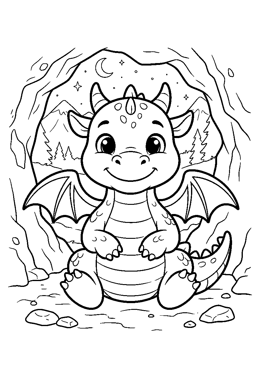 baby dragon in dragon cave line art