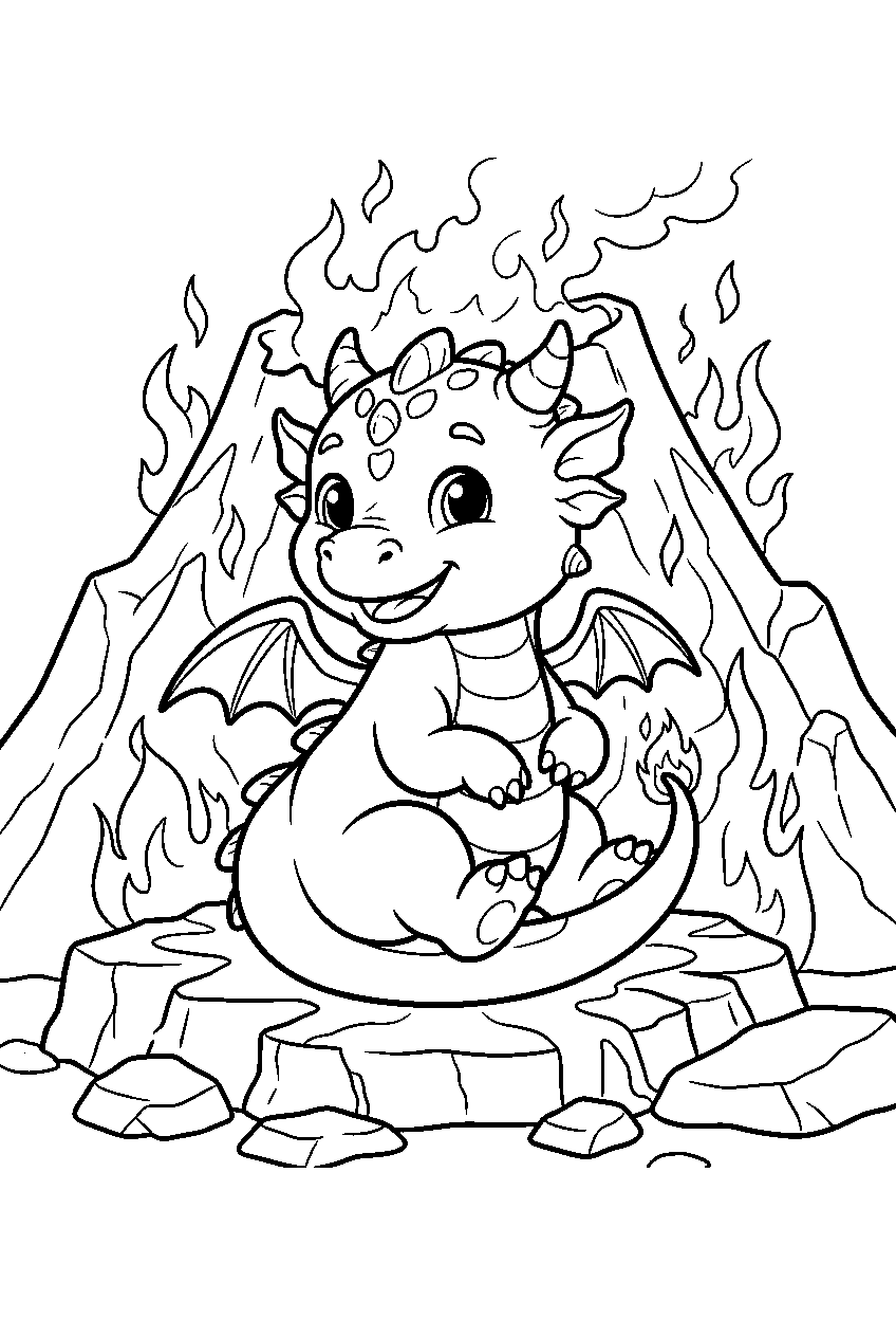 baby dragon in fire mountain line art