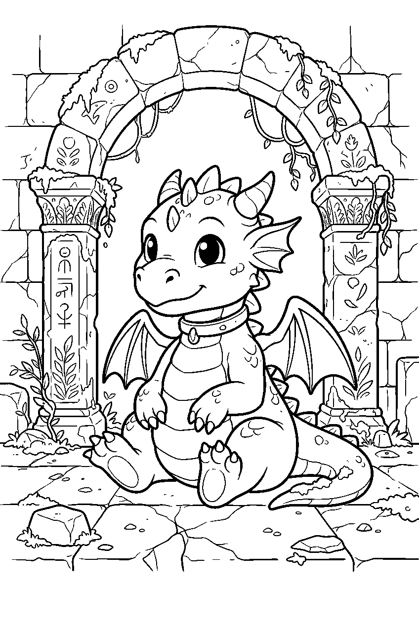 baby dragon in forgotten temple line art