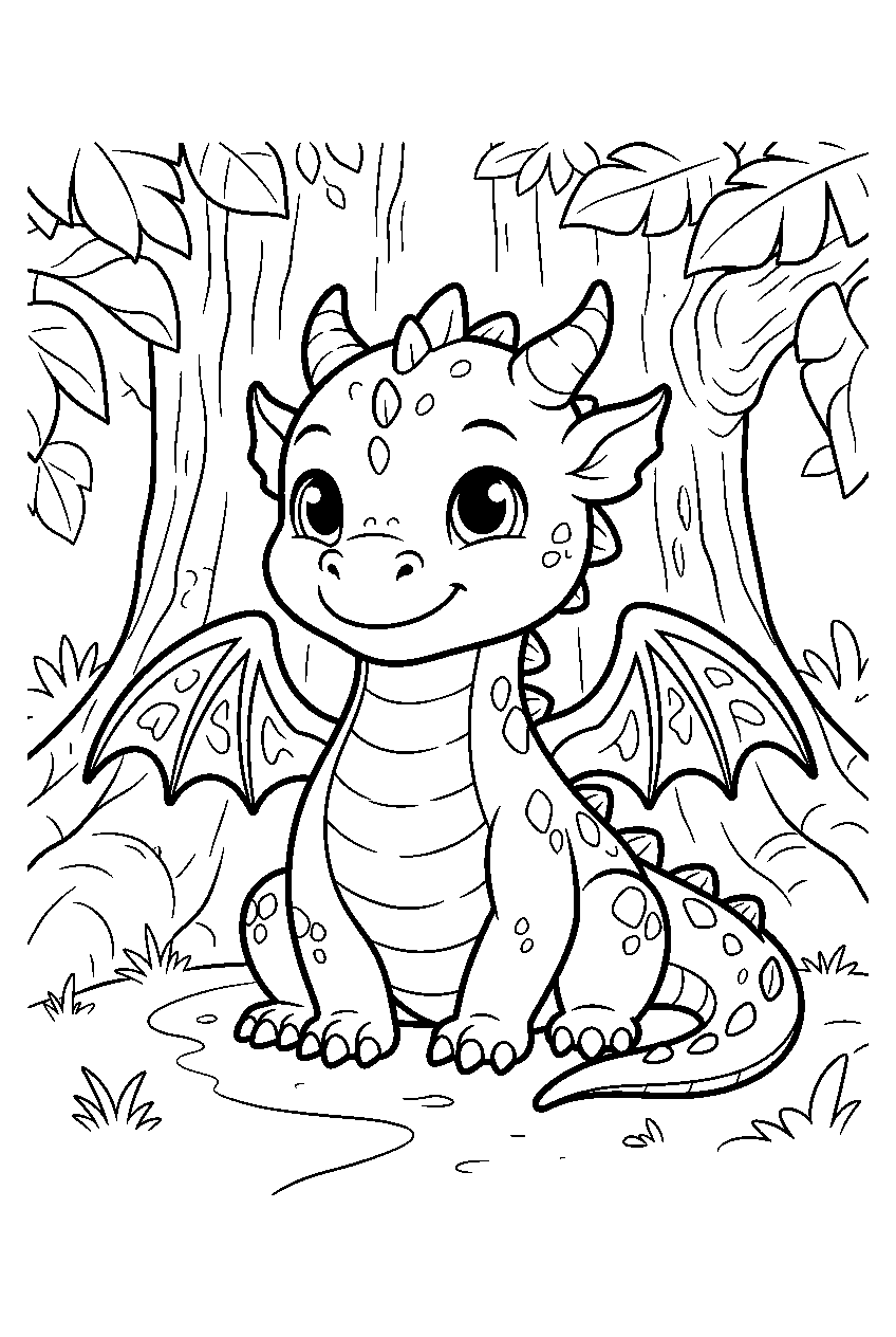 baby dragon in giant tree forest line art