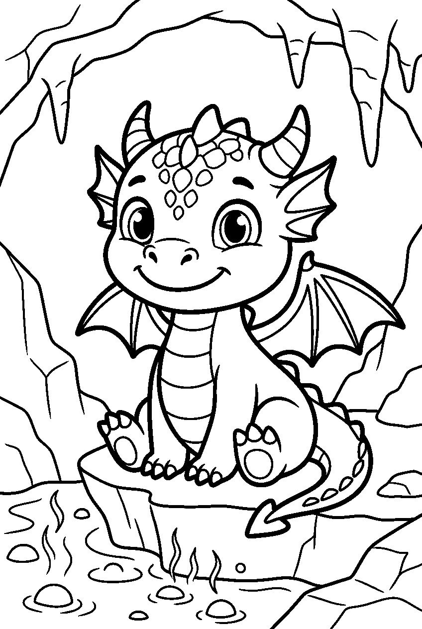 baby dragon in lava cave line art