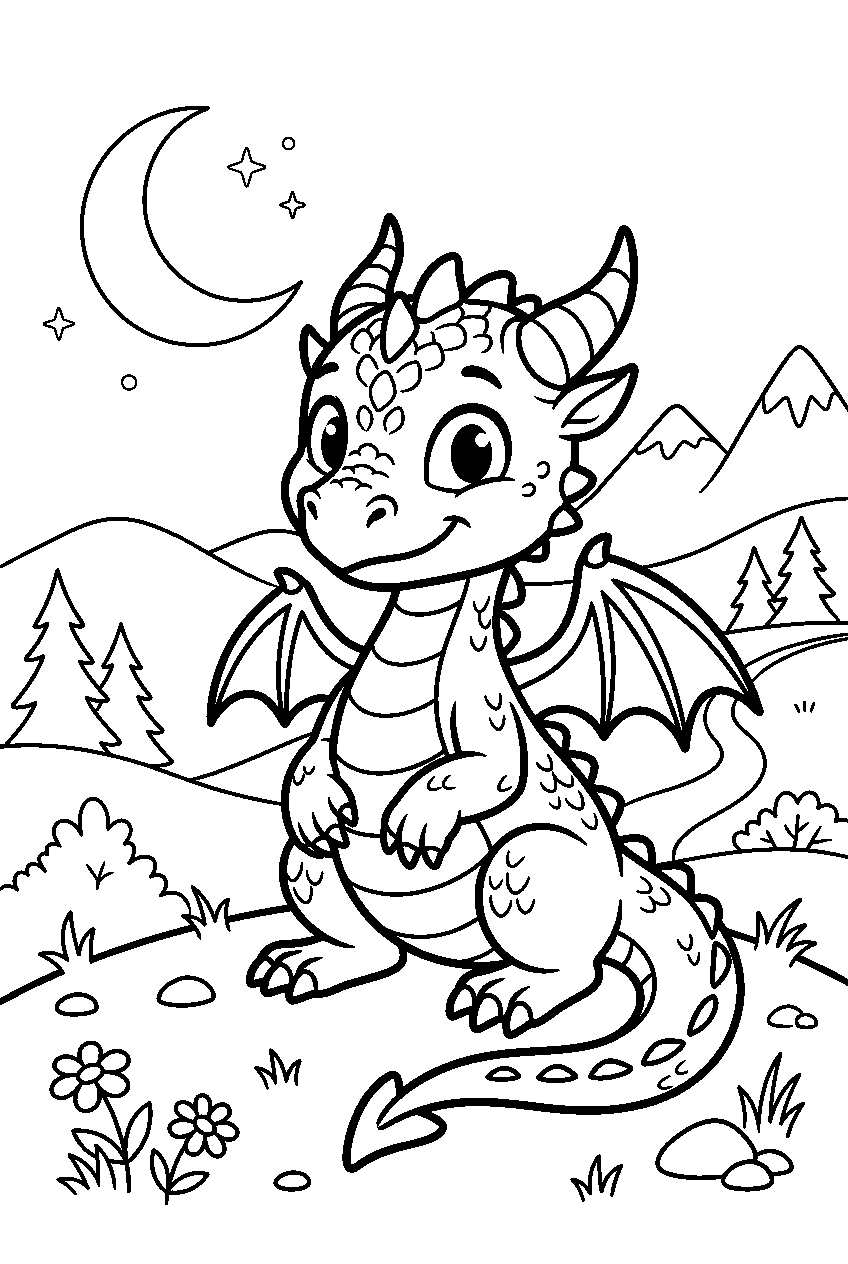 baby dragon in moonlit valley line art