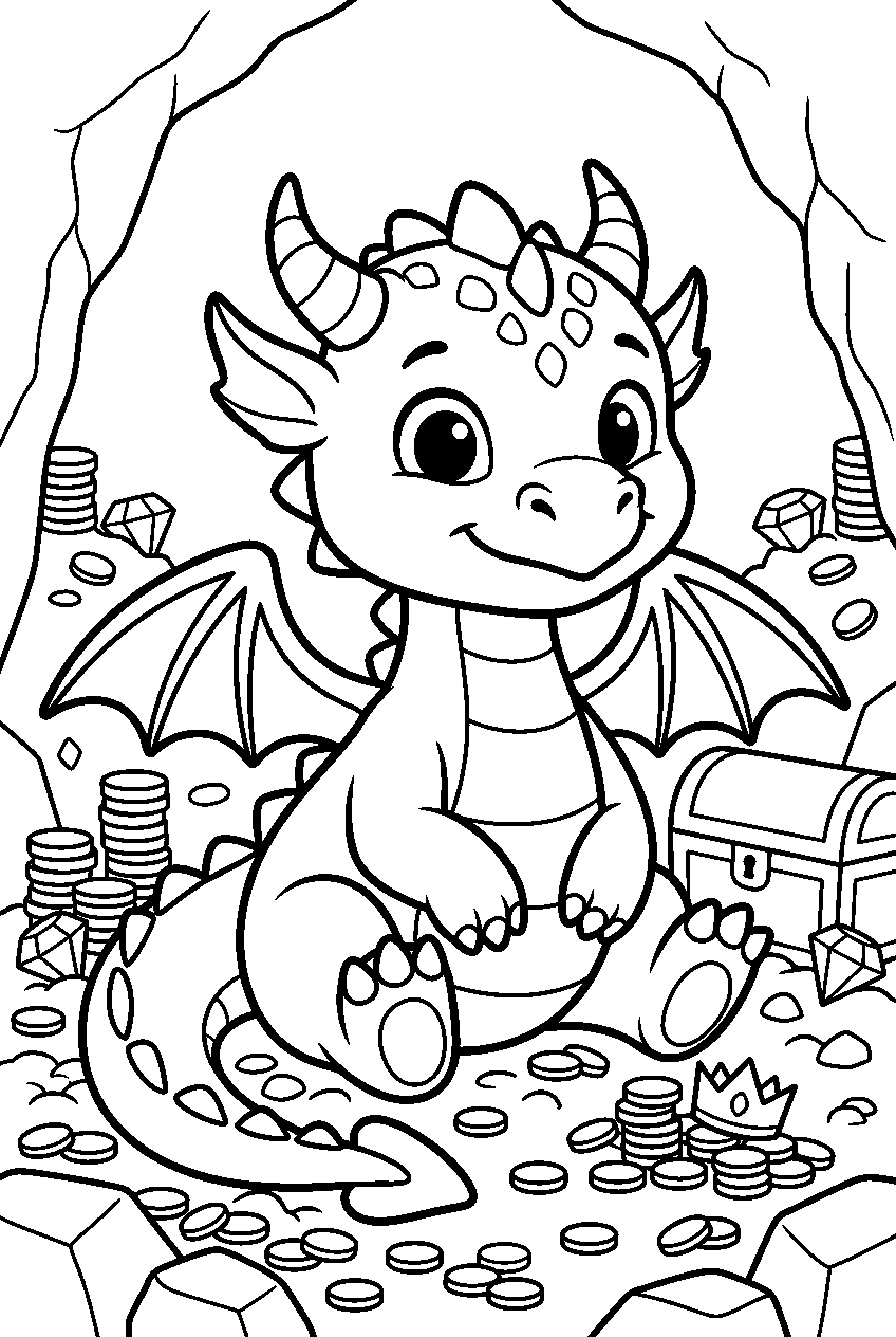 baby dragon in treasure cave line art