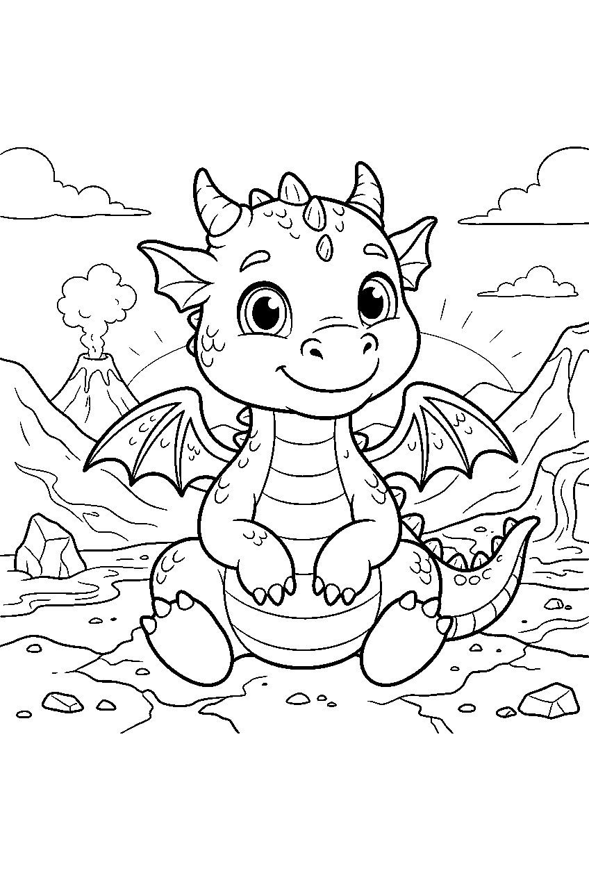 baby dragon in volcanic valley line art
