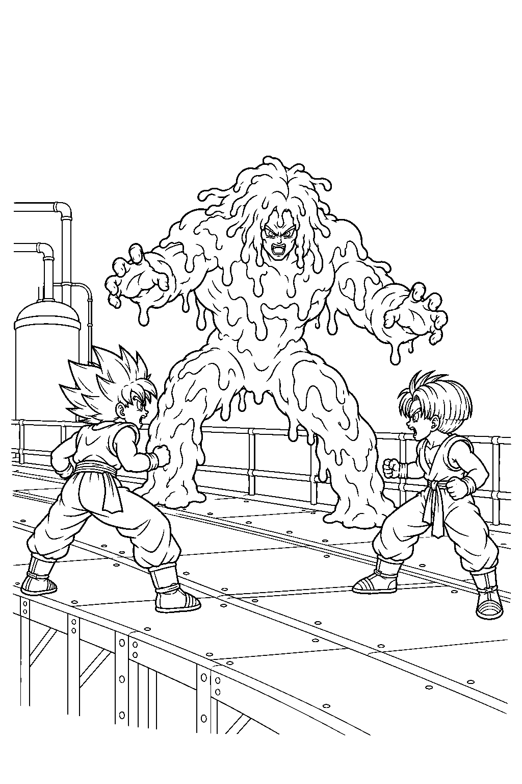 dragon ball z bio broly battling super saiyan goten and kid trunks on a metal laboratory walkway line art