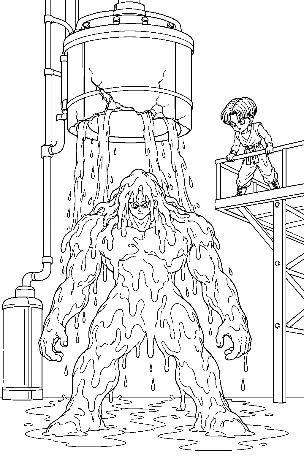 dragon ball z bio broly beneath a ruptured culture fluid tank as trunks watches from above line art