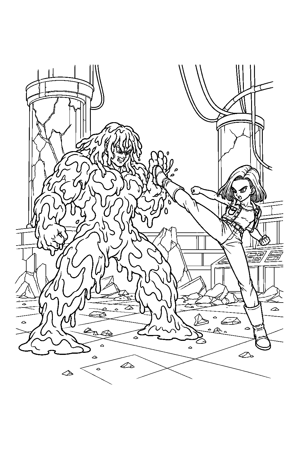 dragon ball z bio broly blocking android 18 s kick inside the damaged laboratory line art