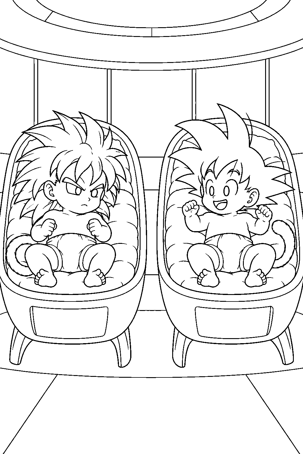 dragon ball z broly as a baby beside baby goku in the saiyan nursery line art