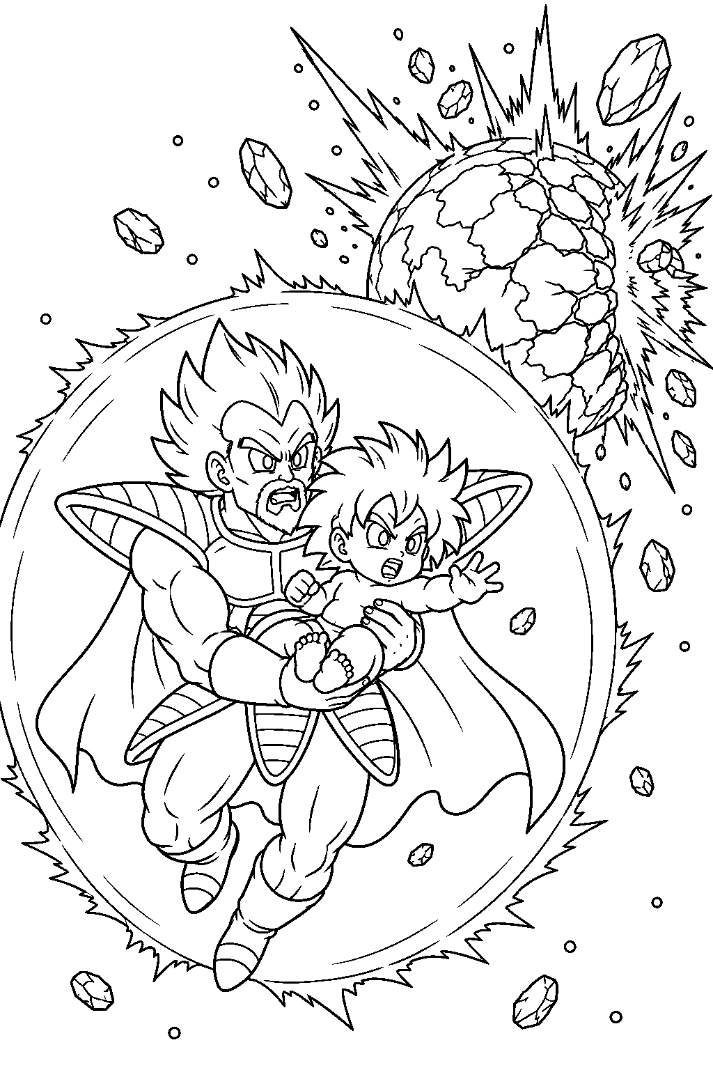 dragon ball z broly as a baby shielding paragus while planet vegeta explodes line art
