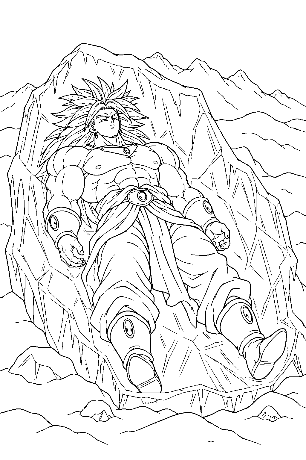 dragon ball z broly asleep inside a frozen glacier beneath the mountain snow line art