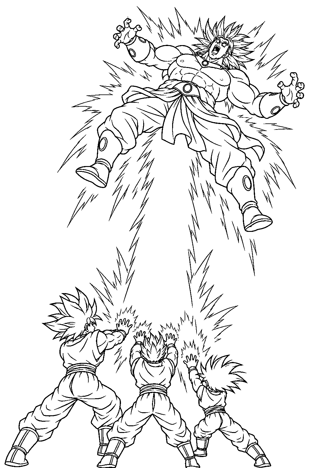 dragon ball z broly being driven skyward by the family kamehameha of goku gohan and goten line art