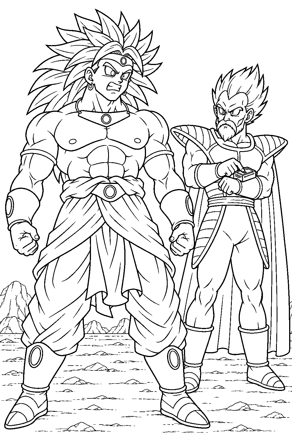 dragon ball z broly being restrained by paragus using the remote control for his headband line art