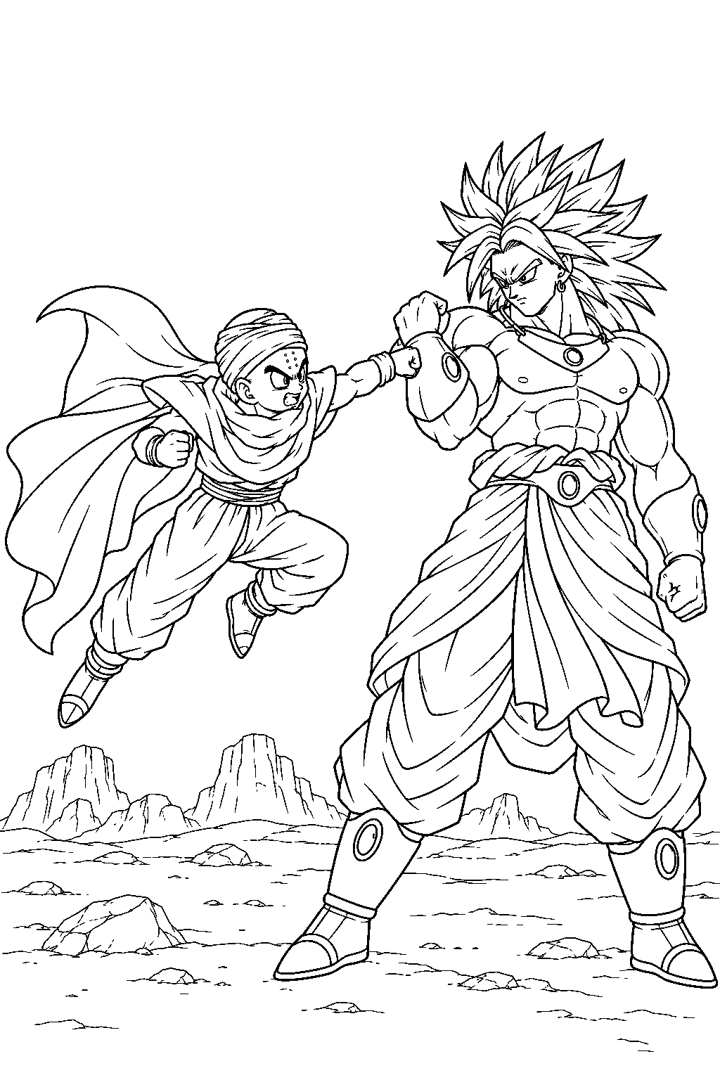 dragon ball z broly blocking krillin s attack while krillin wears piccolo s cape line art