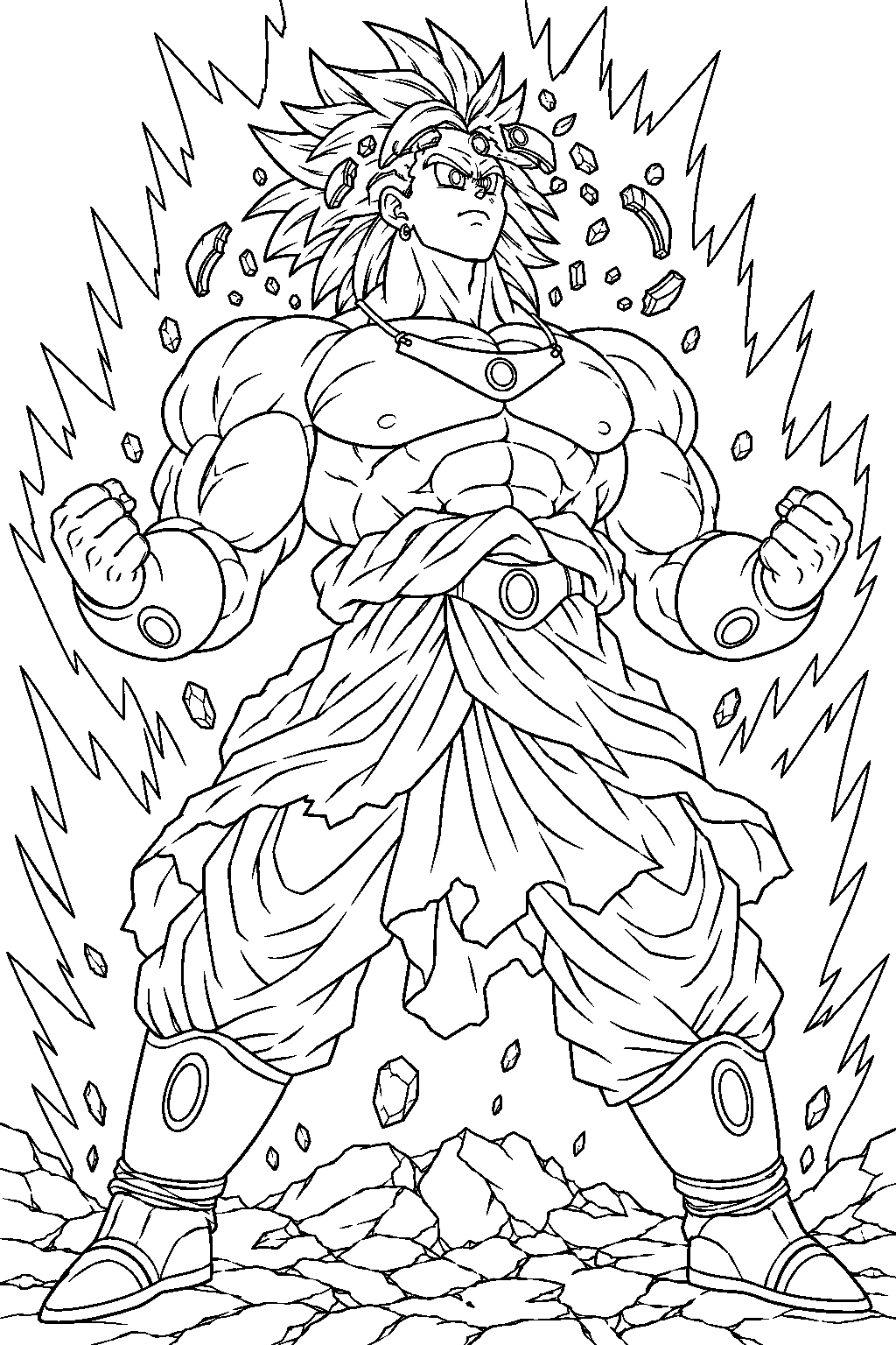 dragon ball z broly breaking his control headband as he transforms into the legendary super saiyan line art