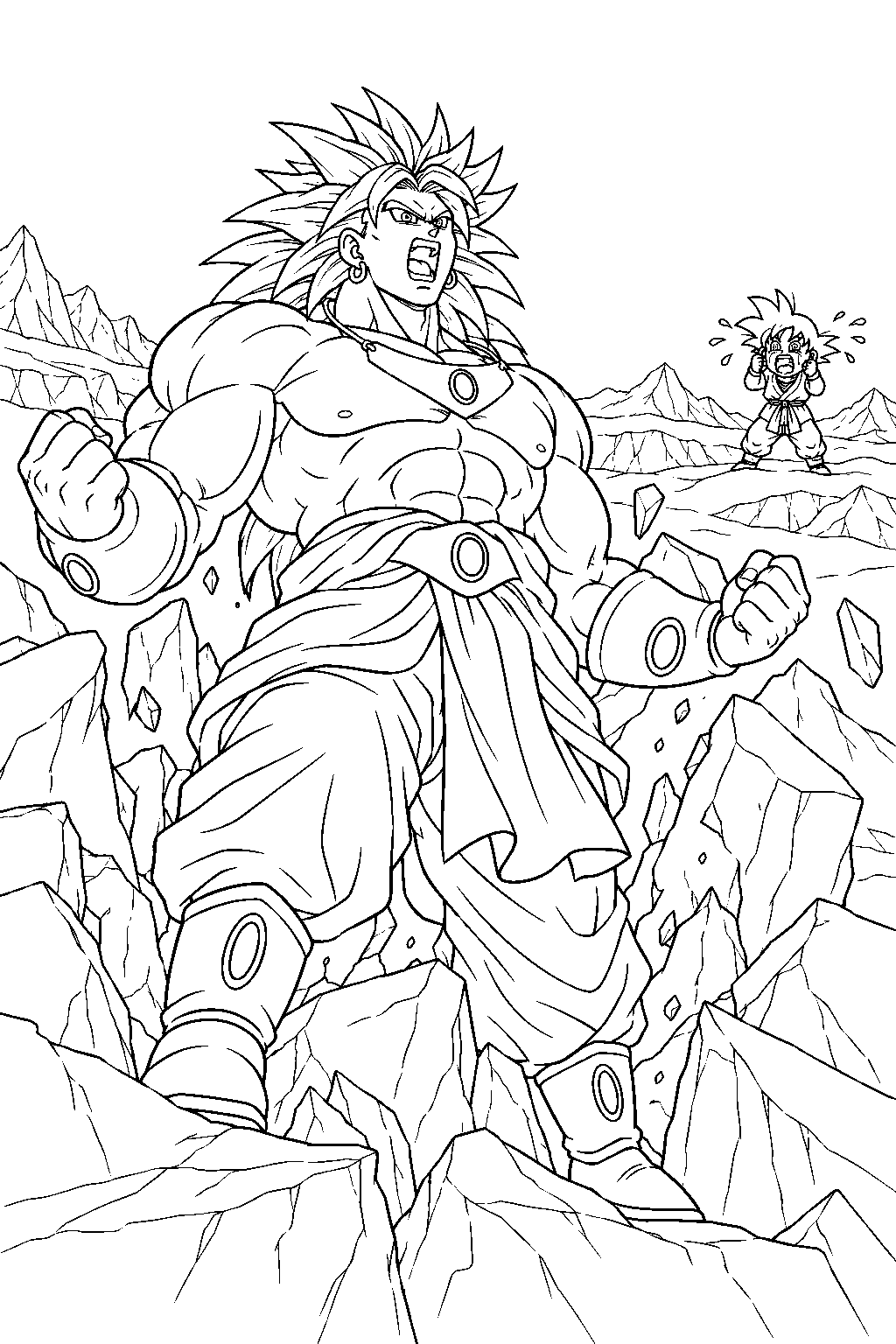dragon ball z broly breaking out of the glacier as goten s crying awakens him line art