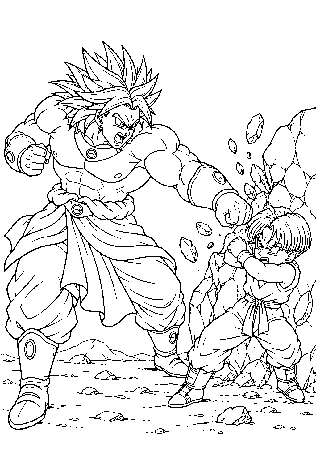 dragon ball z broly breaking through kid trunks s guard beside a shattered boulder line art