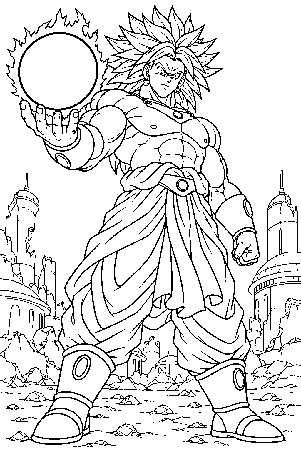 dragon ball z broly charging an eraser cannon above the ruins of new planet vegeta line art