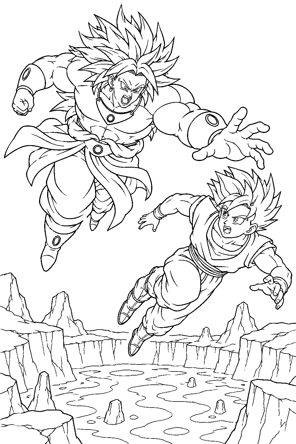 dragon ball z broly chasing teen gohan above a volcanic pit filled with lava line art