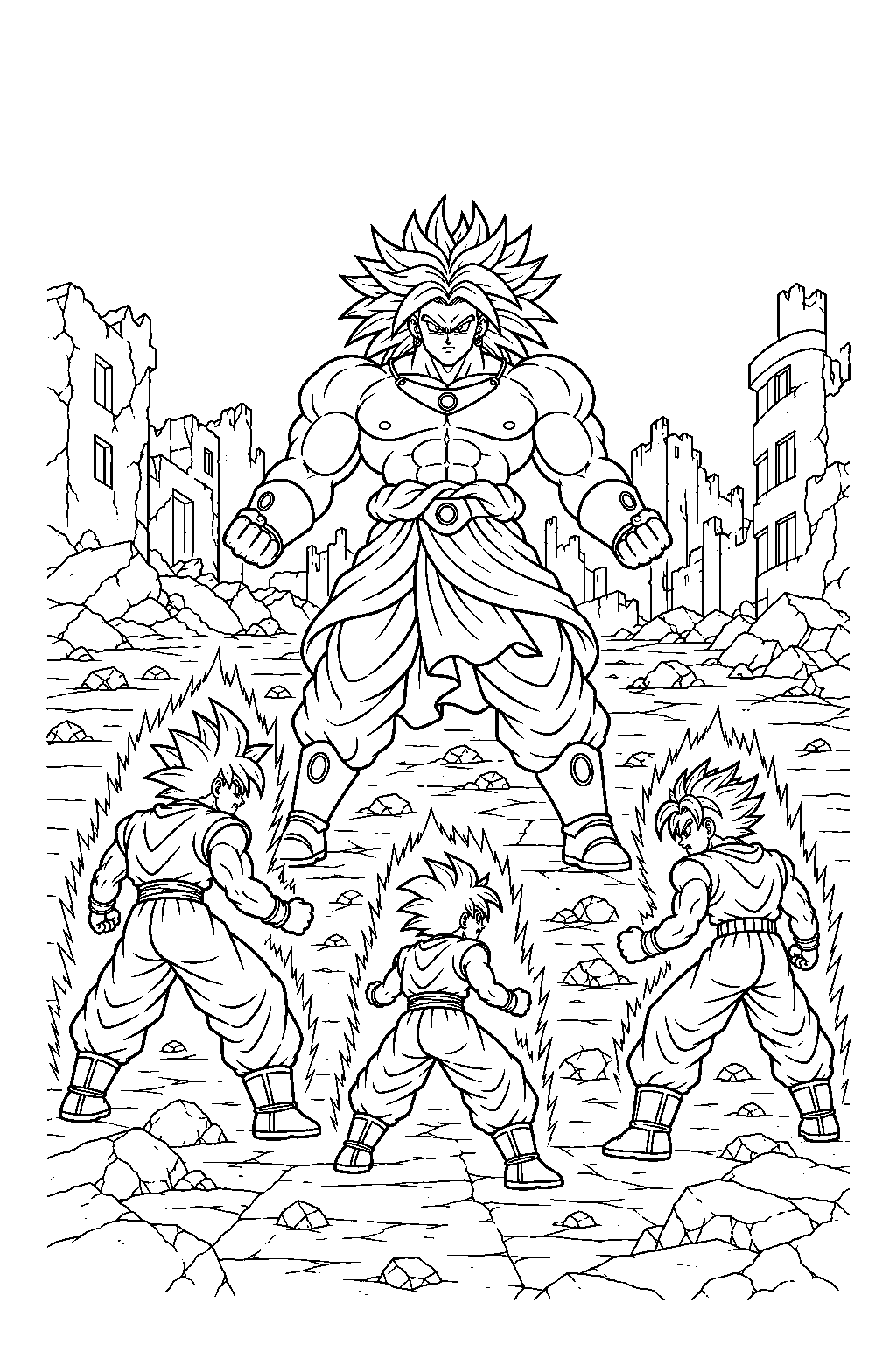 dragon ball z broly confronting super saiyan goku young gohan and future trunks in the ruined city line art
