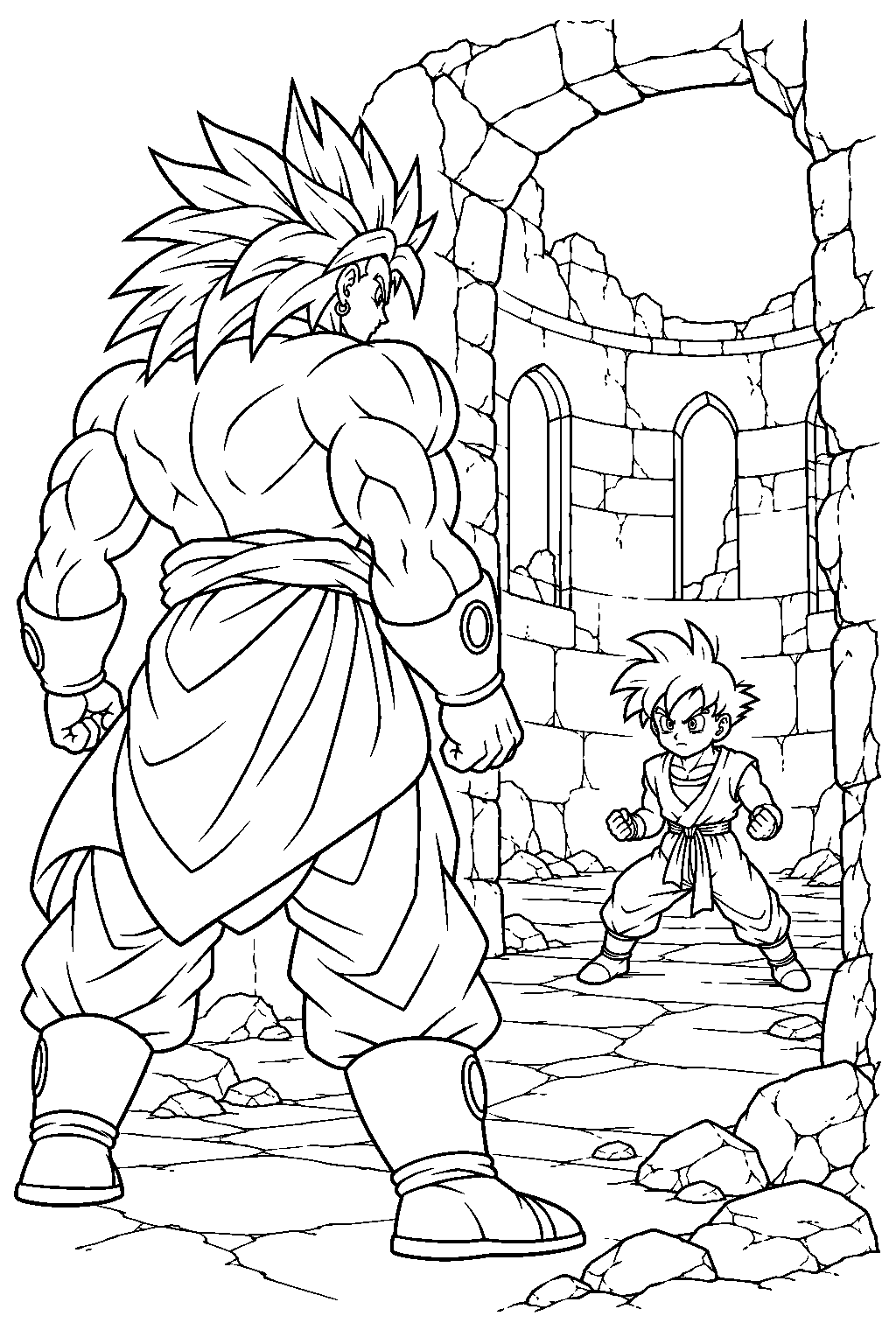 dragon ball z broly cornering young gohan inside a ruined stone tower line art
