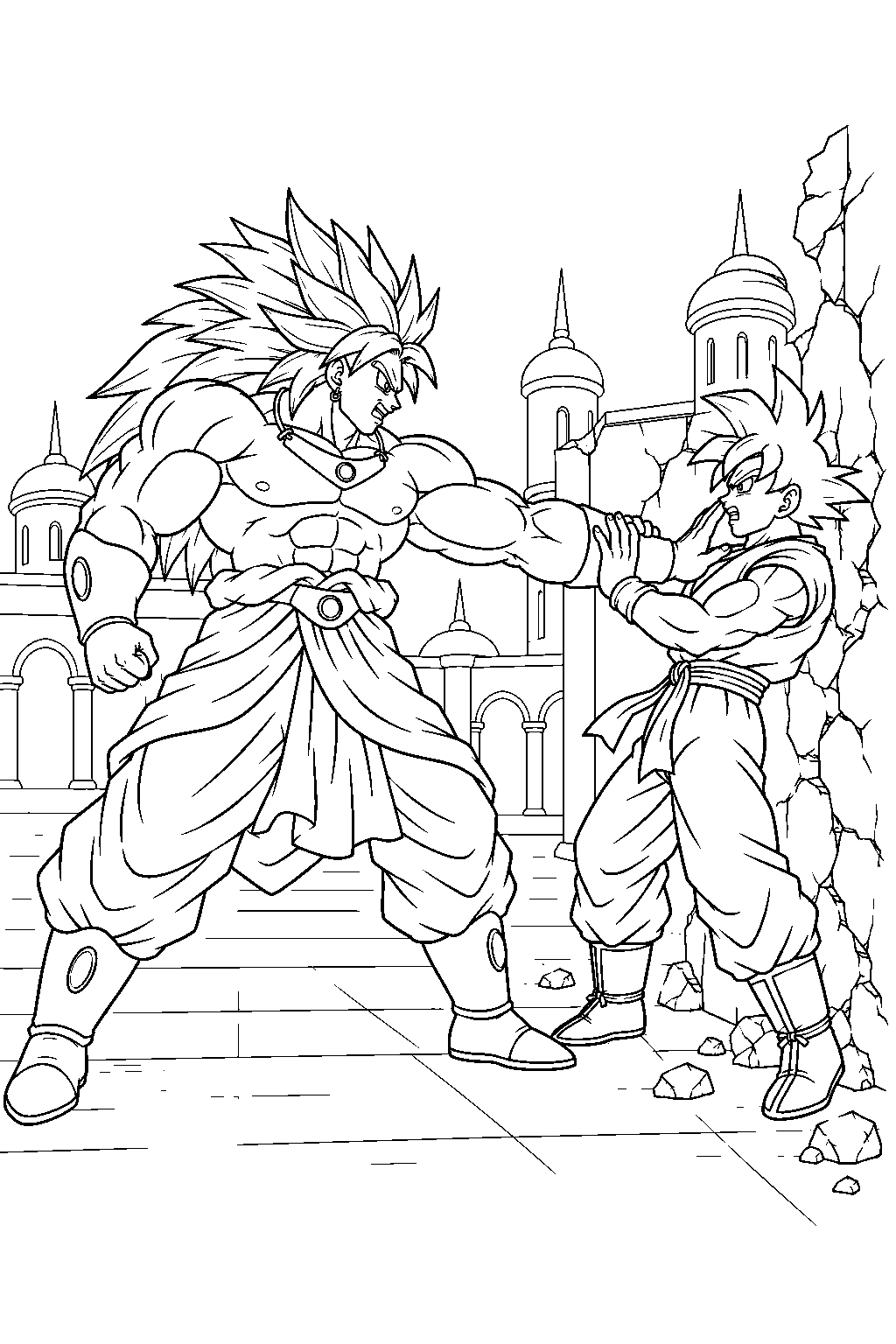 dragon ball z broly driving goku backward into a broken palace wall line art