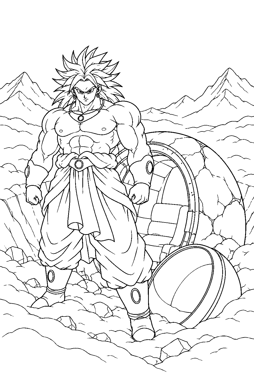 dragon ball z broly emerging from his crashed space pod in a snowy mountain crater line art
