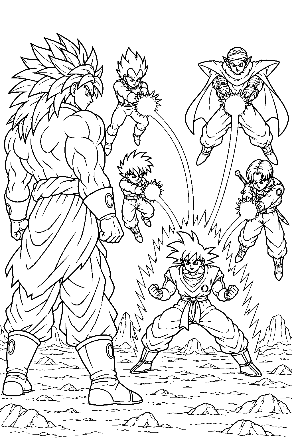 dragon ball z broly facing goku as energy from his allies gathers around him line art