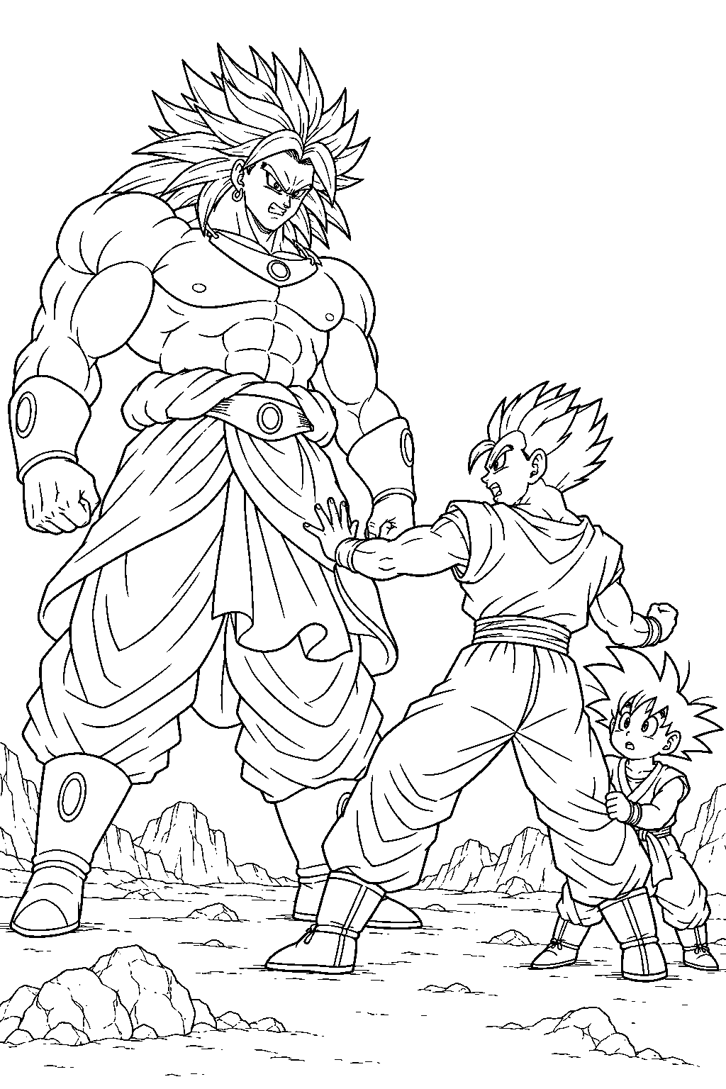 dragon ball z broly facing teen gohan as he steps between broly and goten line art