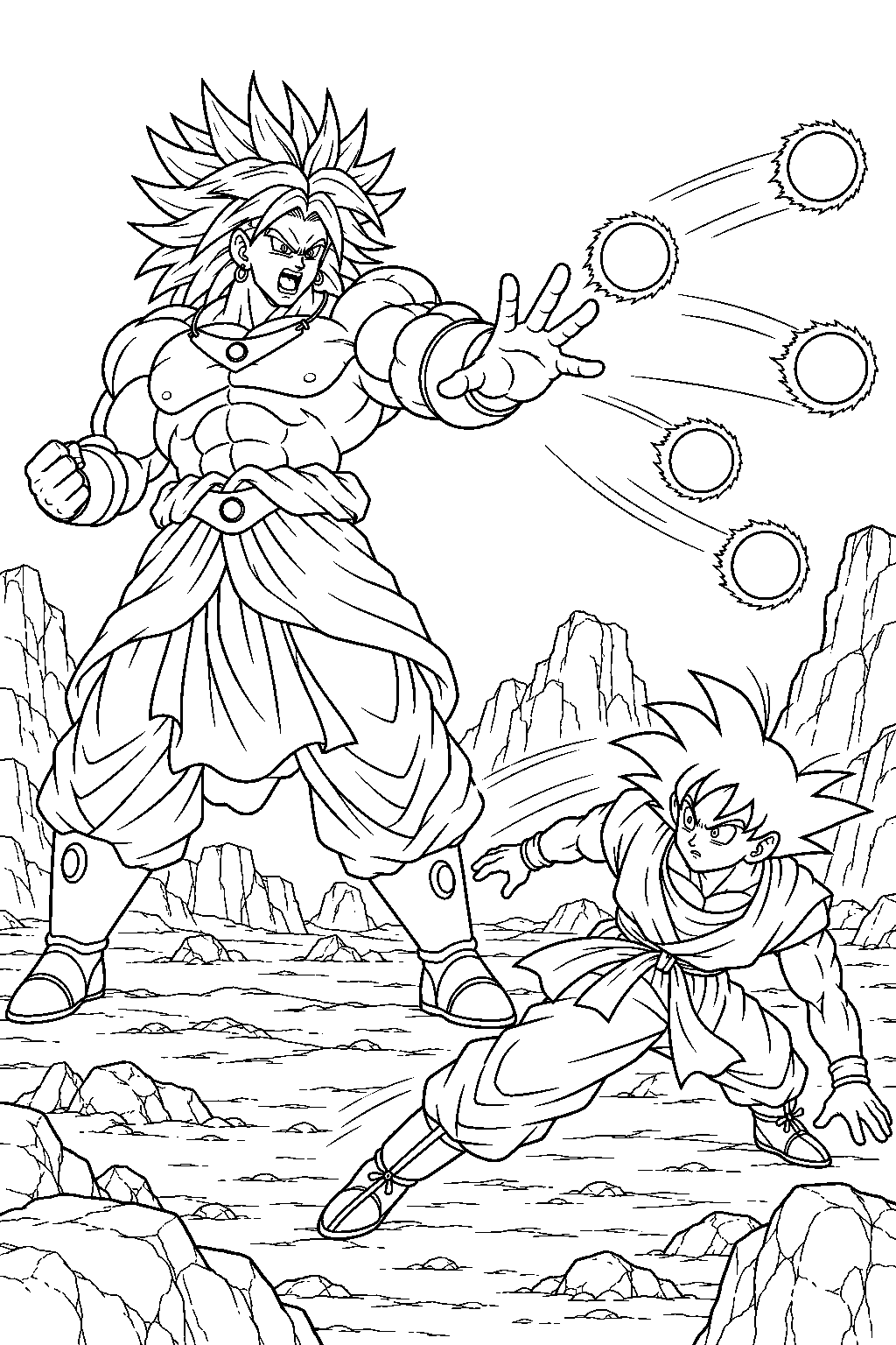 dragon ball z broly firing a trap shooter volley as goku dodges between rock formations line art