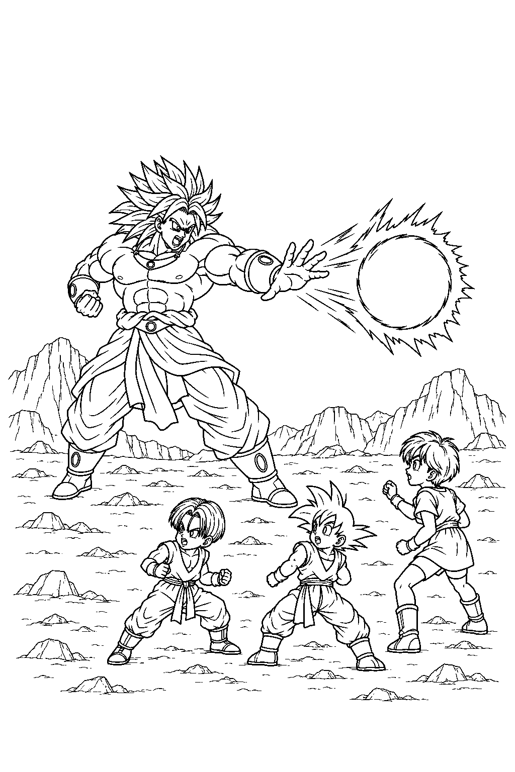 dragon ball z broly firing an energy sphere toward videl goten and kid trunks line art