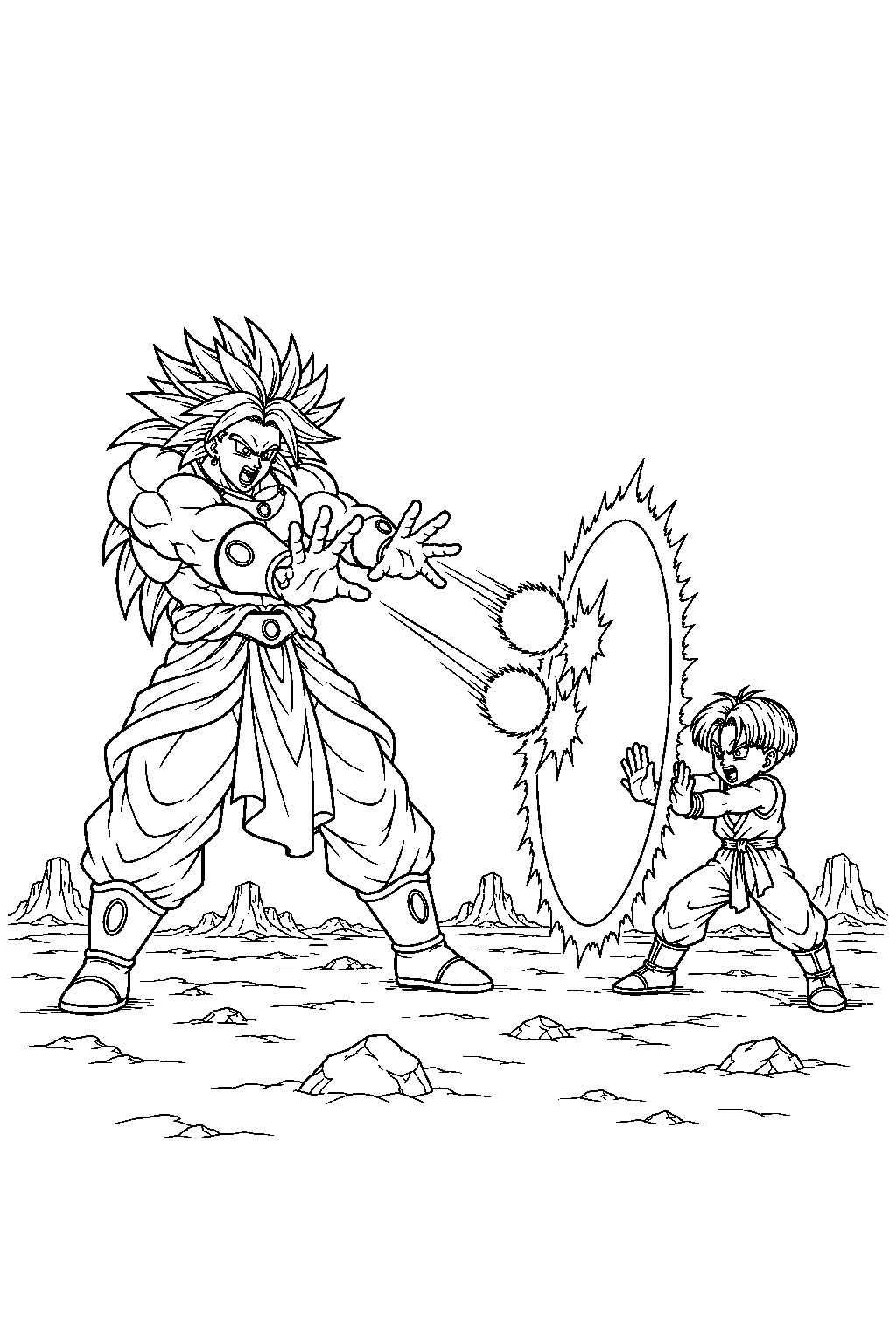 dragon ball z broly firing ki blasts that are stopped by kid trunks s energy barrier line art